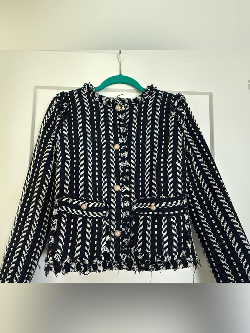Vici Black and White Tweed Fringe Blazer